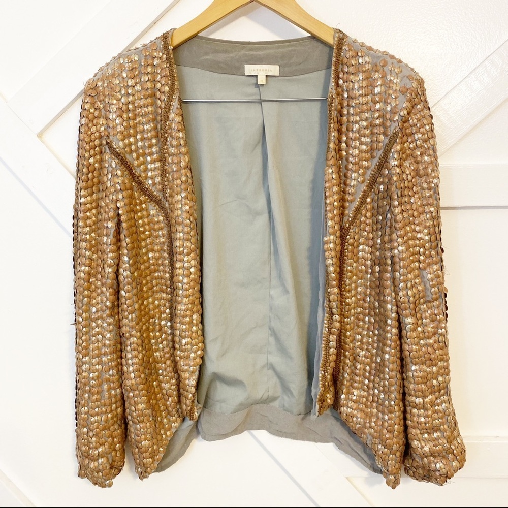 Intropia Embellished Open Front Blazer Jacket Tan Size 42 Large